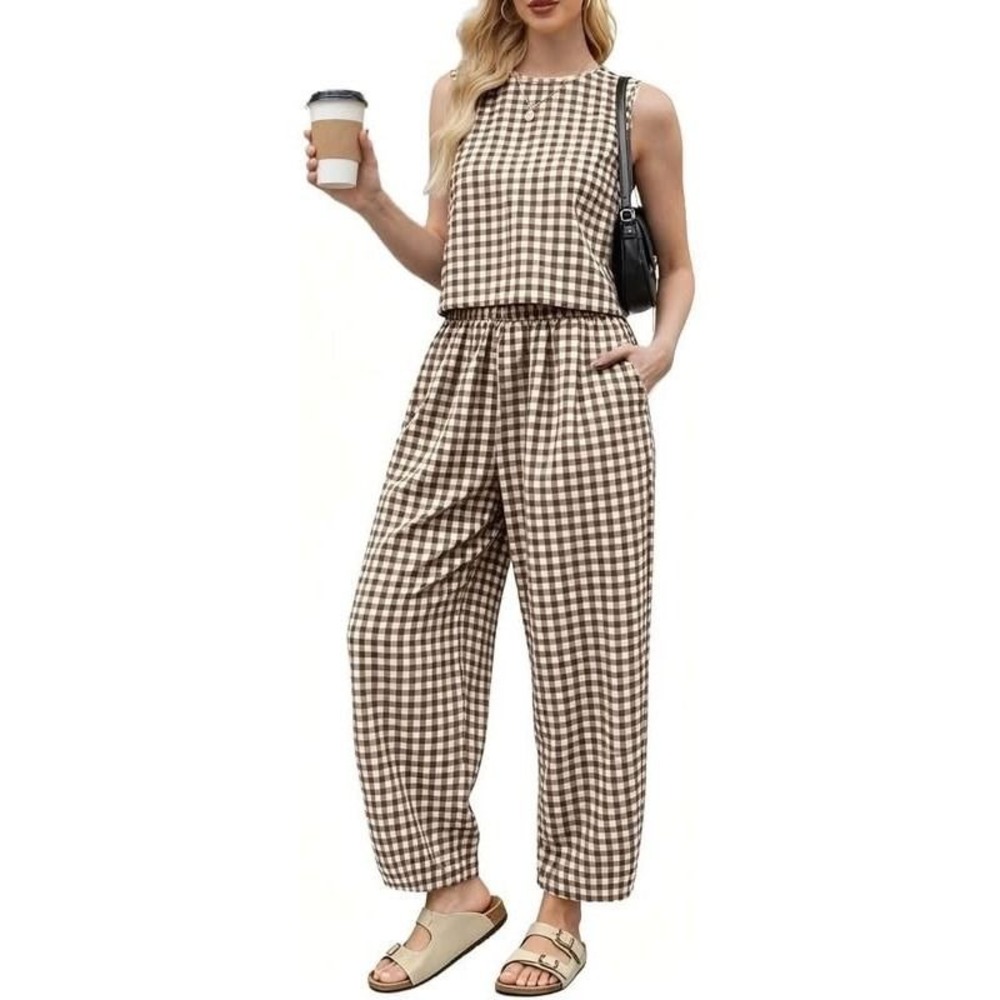 Brown Gingham 100% Cotton 2 Piece Crop Top and Pants Set medium